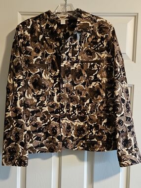 Denim Floral Camo Women's sz L Stretch Jacket Coat Earth Tones LIKE NEW!